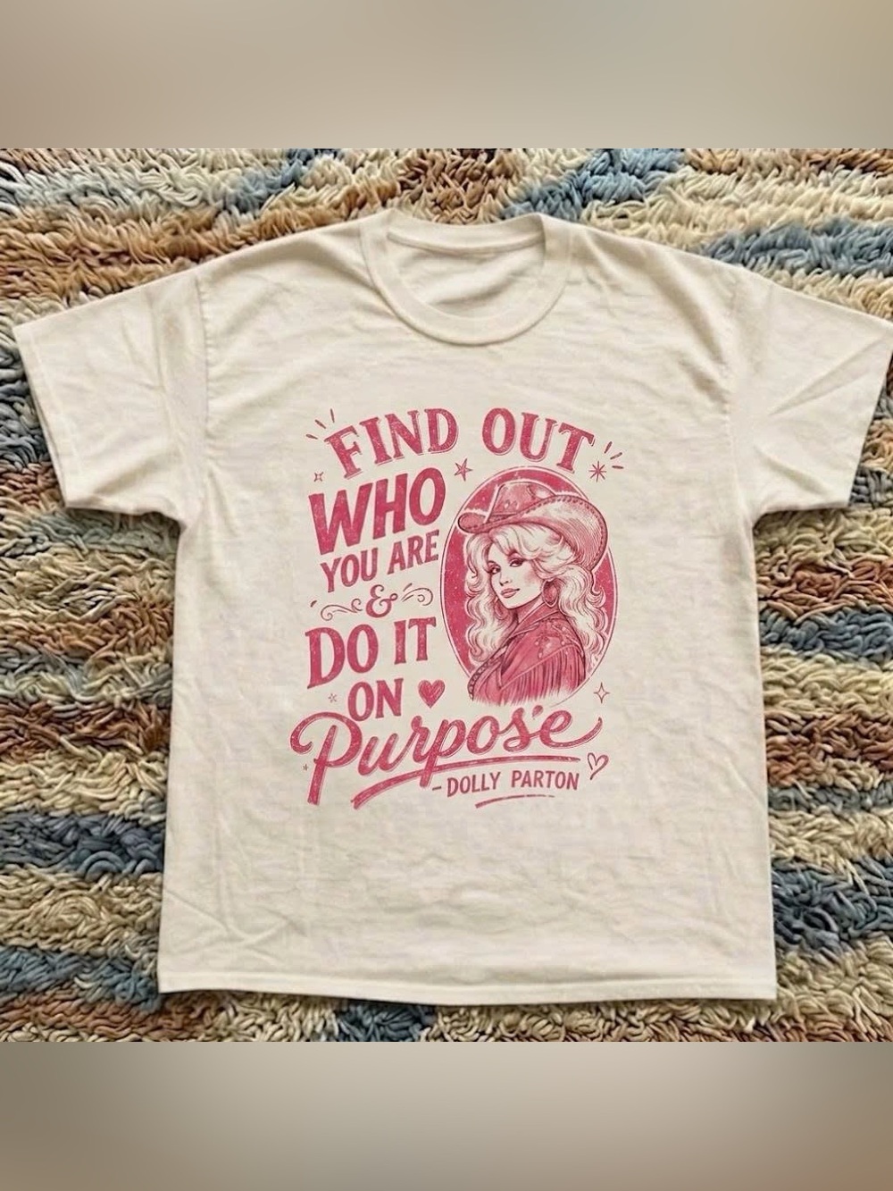 Retro 80s Cream Tee with Pink Dolly Parton Graphic & Motivational Script